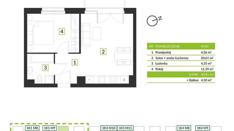 Rzut - Mieszkanie na sprzedaż 2 pokoje o powierzchni 40,81 m² - numer 1K1 M9 w Osiedle Krzeptów przy lesie