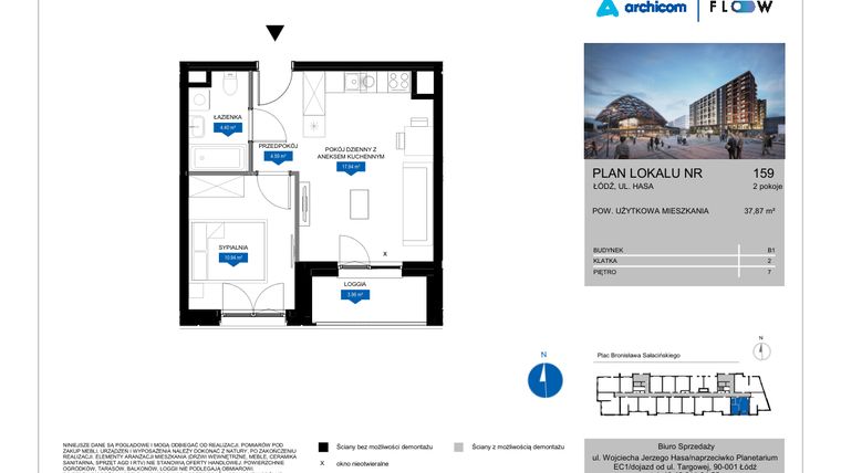 Rzut - Mieszkanie na sprzedaż 2 pokoje o powierzchni 37,87 m² - numer 159 w Flow