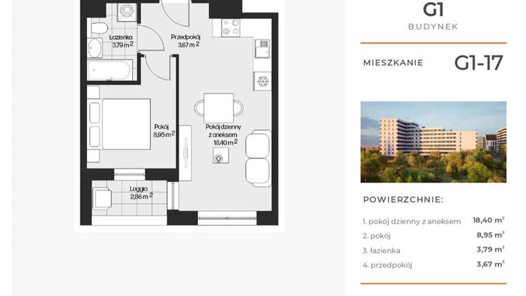 Rzut - Mieszkanie na sprzedaż 2 pokoje o powierzchni 34,81 m² - numer G1-17 w Piasta Park VI