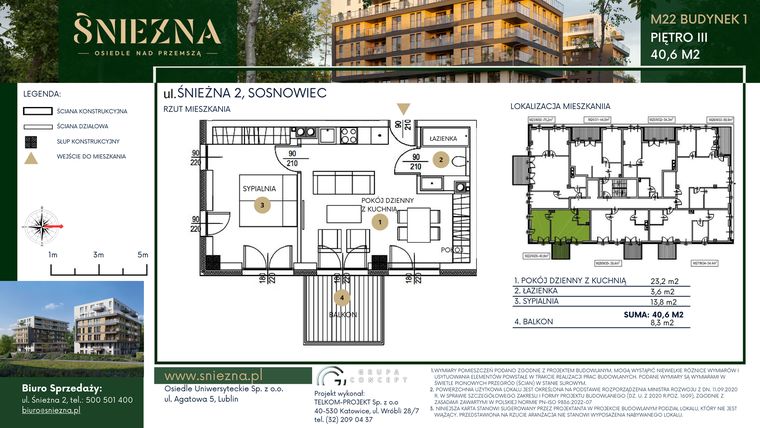 Rzut - Mieszkanie na sprzedaż 2 pokoje o powierzchni 40,6 m² - numer A22 w Śnieżna - Osiedle nad Przemszą