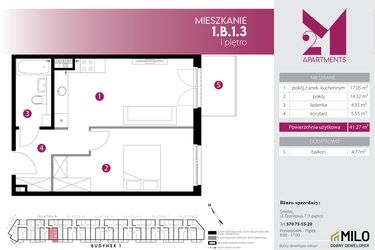 Rzut - Mieszkanie na sprzedaż 2 pokoje o powierzchni 41,27 m² - numer 1.B.1.3 w Maślice Wrocław Milo Dobry Deweloper etap IV