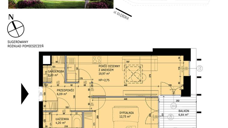 Rzut - Mieszkanie na sprzedaż 2 pokoje o powierzchni 46,65 m² - numer B2.29 w Wikana Residence