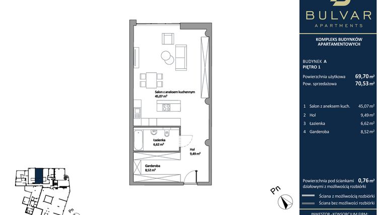Rzut - Mieszkanie na sprzedaż 1 pokój o powierzchni 69,7 m² - numer A.103 w Bulvar Apartments - etap I