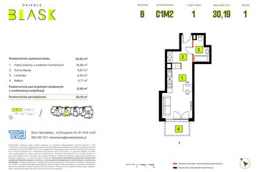 Rzut - Mieszkanie na sprzedaż 1 pokój o powierzchni 30,19 m² - numer B-C1M2 w Osiedle BLASK - Etap I