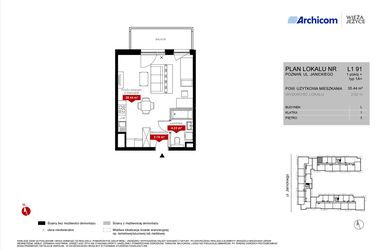 Rzut - Mieszkanie na sprzedaż 1 pokój o powierzchni 35,44 m² - numer L1.91 w Wieża Jeżyce etap VI
