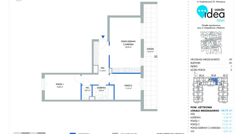 Rzut - Mieszkanie na sprzedaż 3 pokoje o powierzchni 68,86 m² - numer 40.4A w Osiedle Idea Aurora