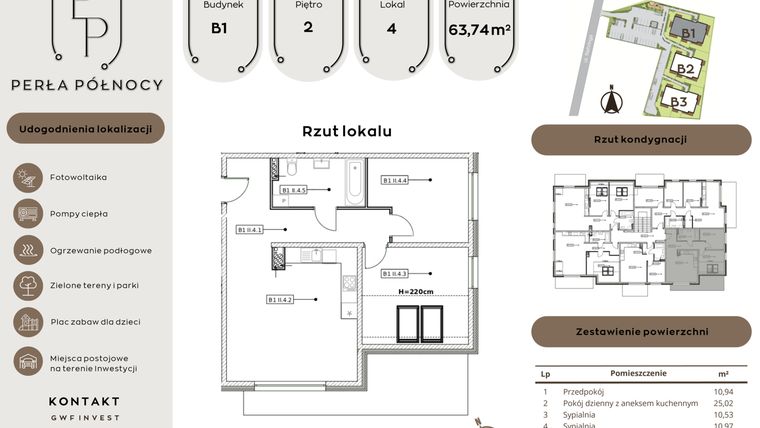 Rzut - Mieszkanie na sprzedaż 3 pokoje o powierzchni 63,74 m² - numer B1.2_4 w Perła Północy etap 2