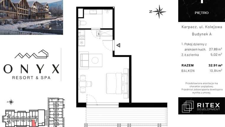 Rzut - Mieszkanie na sprzedaż 1 pokój o powierzchni 33,1 m² - numer NR 01.A1 w Onyx Resort & Spa