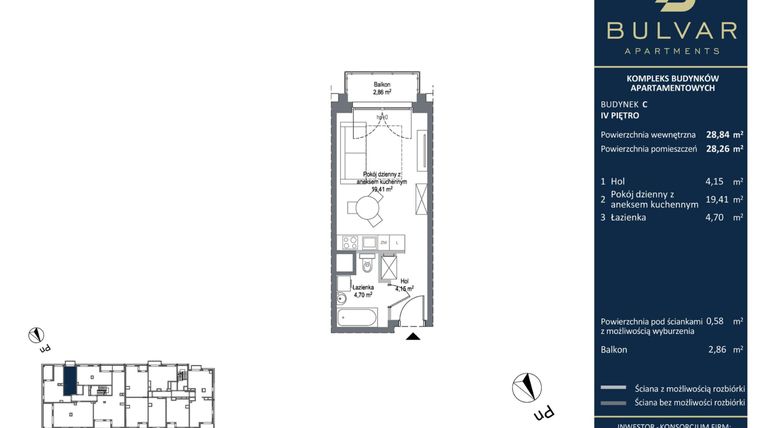 Rzut - Mieszkanie na sprzedaż 1 pokój o powierzchni 28,26 m² - numer C.5.04 w Bulvar Apartments - etap II