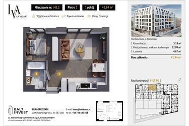 Rzut - Mieszkanie na sprzedaż 1 pokój o powierzchni 41,94 m² - numer M3.2 w La Vie Art