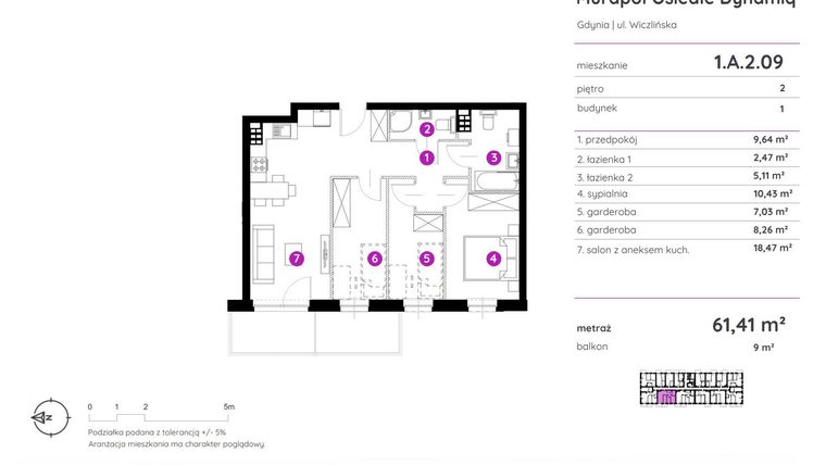 Rzut - Mieszkanie na sprzedaż 2 pokoje o powierzchni 61,41 m² - numer 1.A.2.09 w Murapol Osiedle Dynamiq