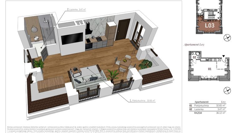 Rzut - Mieszkanie na sprzedaż 1 pokój o powierzchni 36,12 m² - numer L03 w Przy Parku etap II