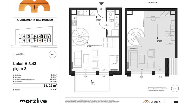 Rzut - Mieszkanie na sprzedaż 1 pokój o powierzchni 61,22 m² - numer A.3.43 w Morzlive