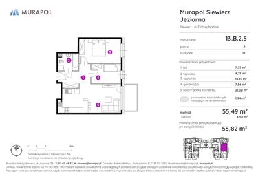 Rzut - Mieszkanie na sprzedaż 2 pokoje o powierzchni 55,82 m² - numer 13.B.2.5 w Murapol Siewierz Jeziorna