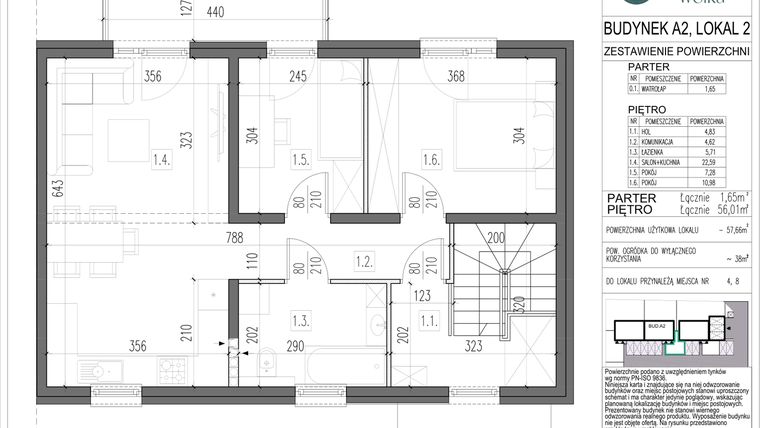 Rzut - Mieszkanie na sprzedaż 3 pokoje o powierzchni 57,66 m² - numer A2/2 w Spokojna Wólka etap III
