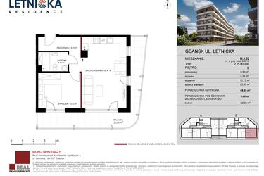 Rzut - Mieszkanie na sprzedaż 2 pokoje o powierzchni 48,59 m² - numer B.3.52 w Letnicka Residence