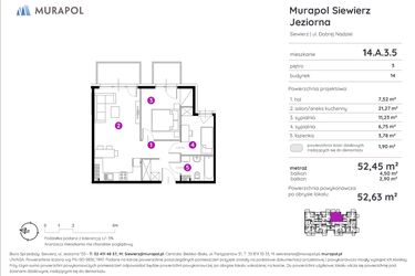 Rzut - Mieszkanie na sprzedaż 3 pokoje o powierzchni 52,63 m² - numer 14.A.3.5 w Murapol Siewierz Jeziorna