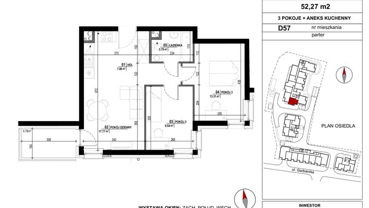 Rzut - Mieszkanie na sprzedaż 3 pokoje o powierzchni 52,27 m² - numer D.57 w Garbarska Urban Koncept