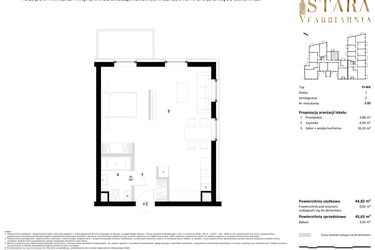 Rzut - Mieszkanie na sprzedaż 1 pokój o powierzchni 45,63 m² - numer 2.05 w Stara Farbiarnia