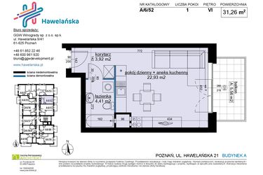 Rzut - Mieszkanie na sprzedaż 1 pokój o powierzchni 31,42 m² - numer A/6/52 w Osiedle Hawelańska etap III - bud. A