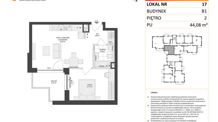 Rzut - Mieszkanie na sprzedaż 2 pokoje o powierzchni 44,08 m² - numer 17 w Locus 2