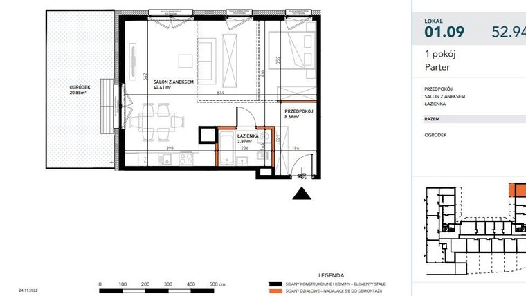 Rzut - Mieszkanie na sprzedaż 1 pokój o powierzchni 52,84 m² - numer 01.09 w Czysta 4
