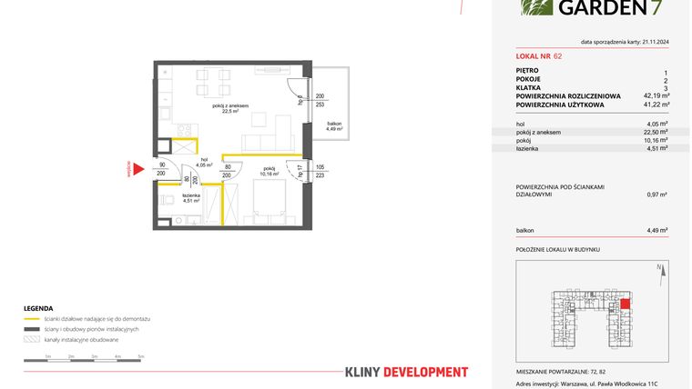 Rzut - Mieszkanie na sprzedaż 2 pokoje o powierzchni 42,19 m² - numer 62 w Nova Viva Garden 7