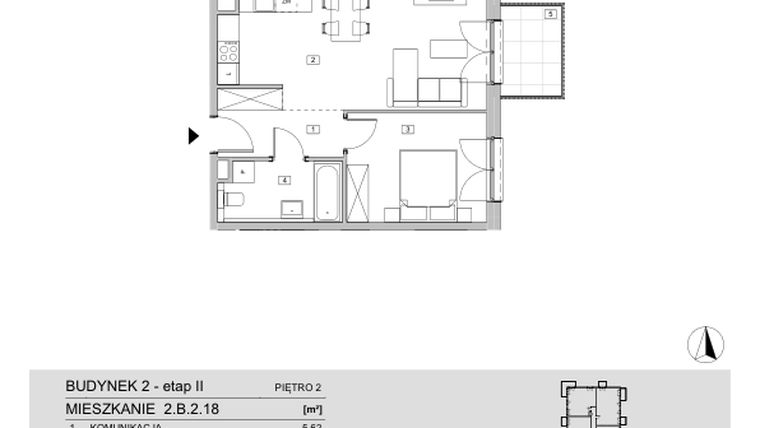 Rzut - Mieszkanie na sprzedaż 2 pokoje o powierzchni 45,98 m² - numer 2.B.2.18 w ATAL Apollina II
