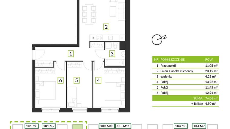 Rzut - Mieszkanie na sprzedaż 4 pokoje o powierzchni 76,06 m² - numer 1K1 M10 w Osiedle Krzeptów przy lesie
