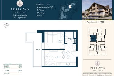 Rzut - Mieszkanie na sprzedaż 2 pokoje o powierzchni 34,65 m² - numer B1/105 w Perłowa Przystań - Szklarska Poręba