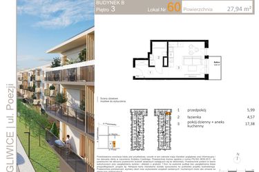 Rzut - Mieszkanie na sprzedaż 1 pokój o powierzchni 27,94 m² - numer B.60 w Poezji