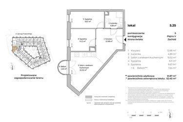 Rzut - Mieszkanie na sprzedaż 3 pokoje o powierzchni 52,56 m² - numer 5.25 w OVAL SKY