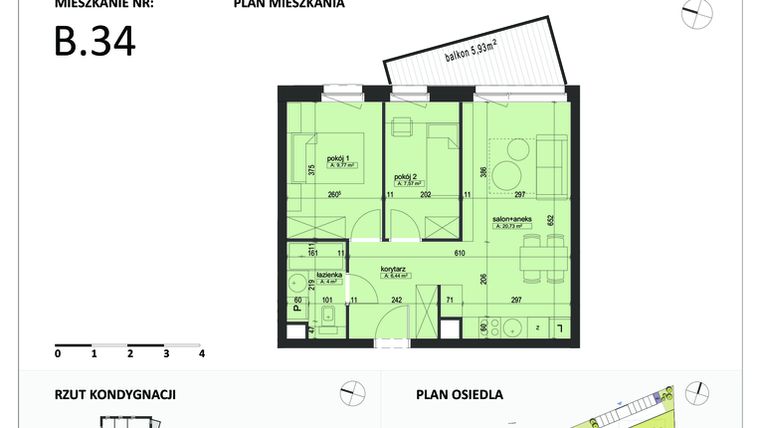 Rzut - Mieszkanie na sprzedaż 3 pokoje o powierzchni 48,51 m² - numer B.34 w Liliowa
