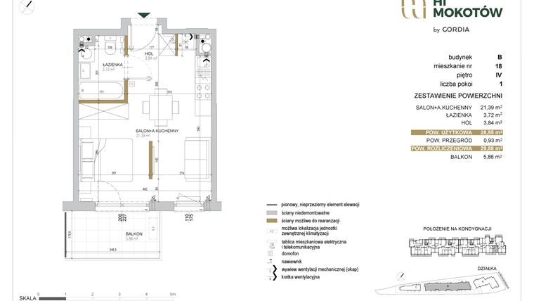 Rzut - Mieszkanie na sprzedaż 1 pokój o powierzchni 29,08 m² - numer A1.B.18 w Hi Mokotów