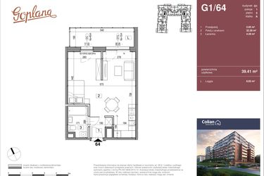 Rzut - Mieszkanie na sprzedaż 1 pokój o powierzchni 39,41 m² - numer G1/64 w Goplana budynek G