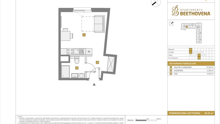 Rzut - Mieszkanie na sprzedaż 1 pokój o powierzchni 26,55 m² - numer B19 w Apartamenty Beethovena