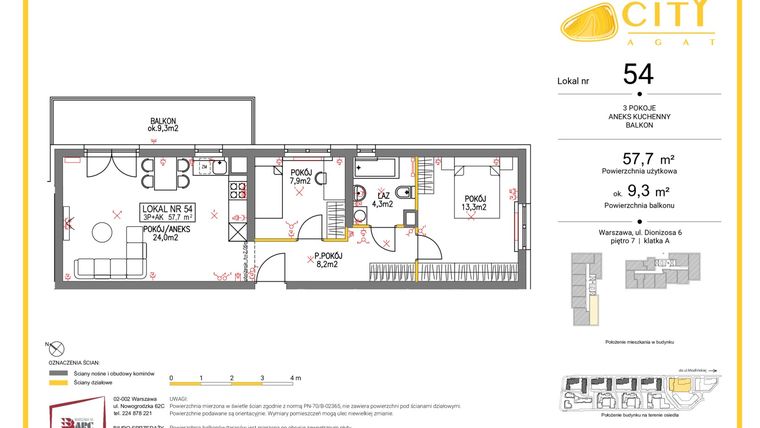 Rzut - Mieszkanie na sprzedaż 3 pokoje o powierzchni 57,68 m² - numer 54 w Comfort City Agat