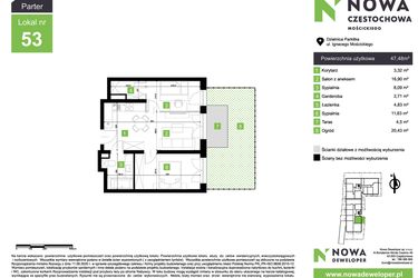 Rzut - Mieszkanie na sprzedaż 3 pokoje o powierzchni 47,48 m² - numer M53 w Nowa Częstochowa Mościckiego