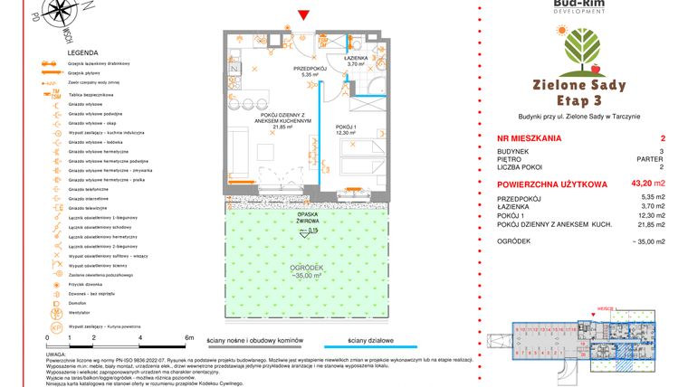 Rzut - Mieszkanie na sprzedaż 2 pokoje o powierzchni 43,2 m² - numer 2 w Zielone Sady etap III