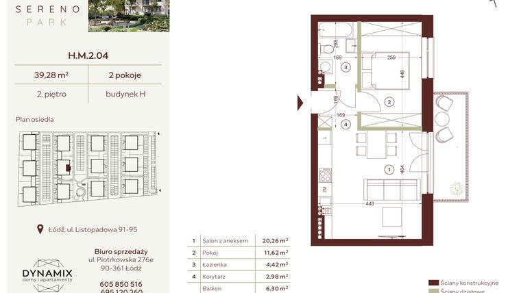 Rzut - Mieszkanie na sprzedaż 2 pokoje o powierzchni 39,28 m² - numer H.M.2.04 w Sereno Park