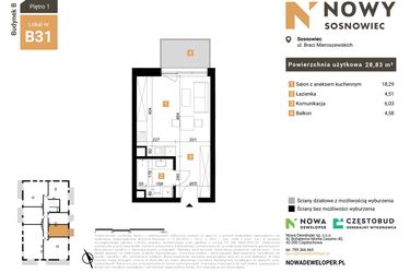 Rzut - Mieszkanie na sprzedaż 1 pokój o powierzchni 28,83 m² - numer 31 w Nowy Sosnowiec