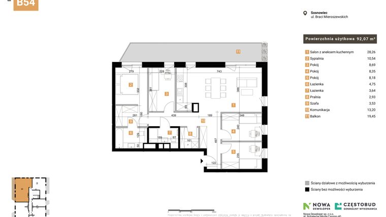 Rzut - Mieszkanie na sprzedaż 5 pokoi o powierzchni 92,07 m² - numer 54 w Nowy Sosnowiec