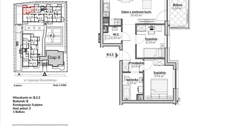Rzut - Mieszkanie na sprzedaż 3 pokoje o powierzchni 50,53 m² - numer B.2.2 w Nowa Fregata