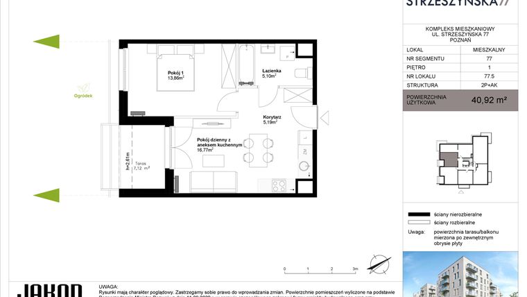 Rzut - Mieszkanie na sprzedaż 2 pokoje o powierzchni 40,92 m² - numer 77.5 w Strzeszyńska 77