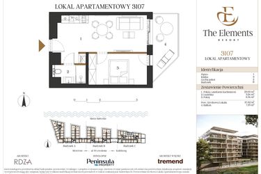 Rzut - Mieszkanie na sprzedaż 2 pokoje o powierzchni 37,82 m² - numer B3107 w The Elements Resort