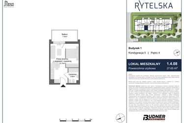 Rzut - Mieszkanie na sprzedaż 1 pokój o powierzchni 27,65 m² - numer 1.4.08 w Rytelska
