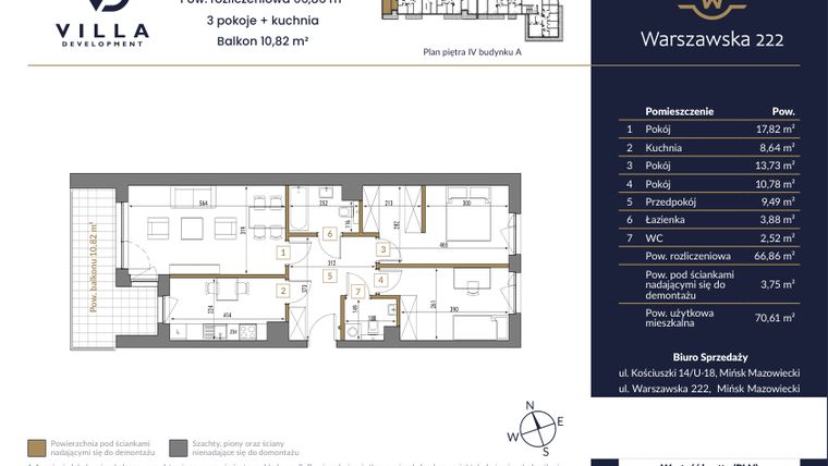 Rzut - Mieszkanie na sprzedaż 3 pokoje o powierzchni 66,86 m² - numer 69A w Warszawska 222