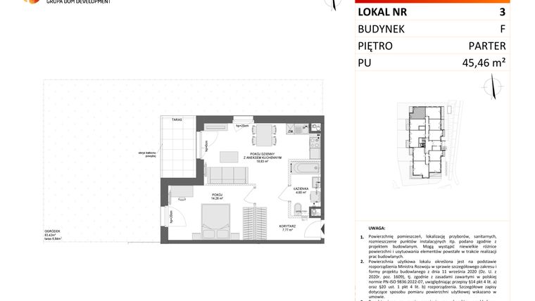 Rzut - Mieszkanie na sprzedaż 2 pokoje o powierzchni 45,46 m² - numer F.3 w Osiedle Synteza etap IV