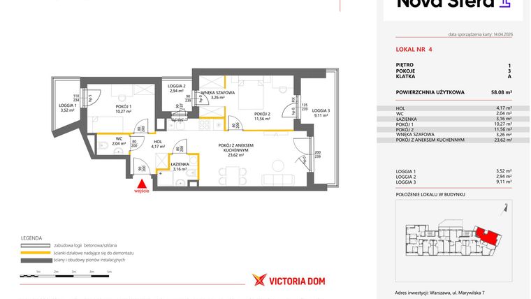 Rzut - Mieszkanie na sprzedaż 3 pokoje o powierzchni 58,08 m² - numer 4 w Miasteczko Nova Sfera 4
