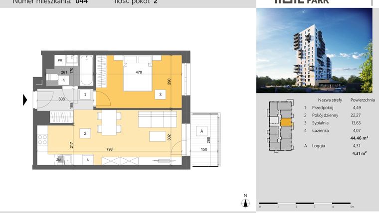 Rzut - Mieszkanie na sprzedaż 2 pokoje o powierzchni 44,46 m² - numer 44 w Dworzysko Park - Etap III